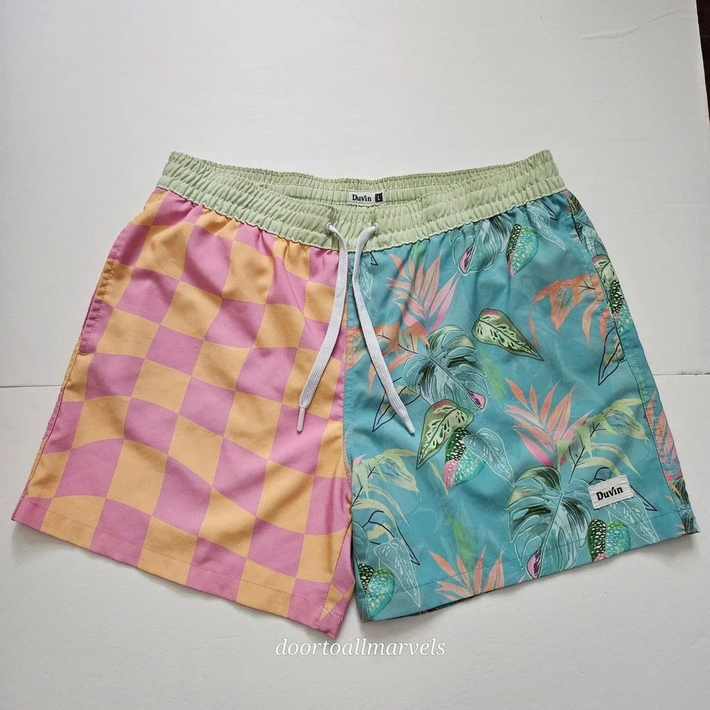 Duvin Design Co Men Swim Trunks sz L Split Checkerboard Tropical Floral Shorts